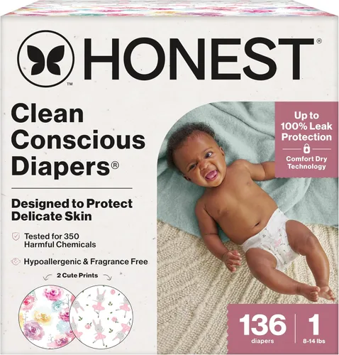 Vista 15 de The Honest Company Comfort Dry Pañales desechables para piel sensible, hasta 100% a prueba de fugas, hipoalergénicos, sin fragancia, Turtle Time