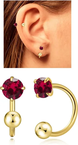 Vista 8 de Aretes Huggie de medio aro para mujeres y niñas, pequeños aretes de cartílago, aretes de botón con piedra natal para mujeres, aretes de botón