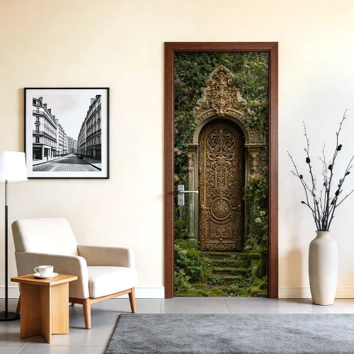 Vista 2 de Enchanted Secret - Mural para puerta de jardín, despegar y pegar, cubiertas decorativas de puerta de arco floral talladas vintage, adhesivo