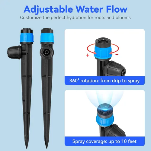 Vista 3 de Goteros de riego ajustable Vortex: 20 piezas de forma de ventilador con estaca de flujo de agua para manguera de 1/4 pulgadas, emisores de riego