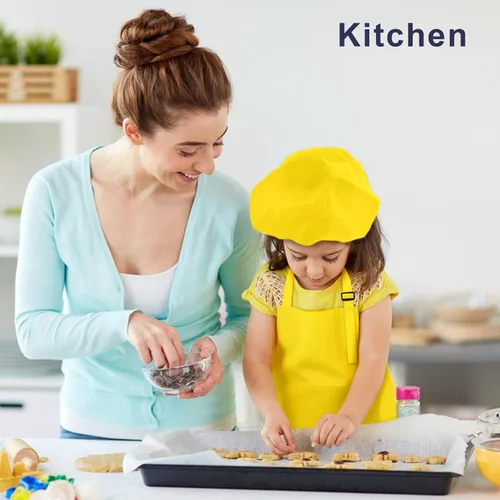 Vista 5 de Juego de delantal y sombrero de chef para niños, 24 piezas con 2 bolsillos ajustables para cocinar, aula, hornear, pintura, 6 a 13 años