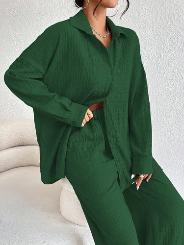Vista 2 de Conjunto de pantalones para mujer, 2 piezas, casual, de manga larga, con botones, ropa de descanso