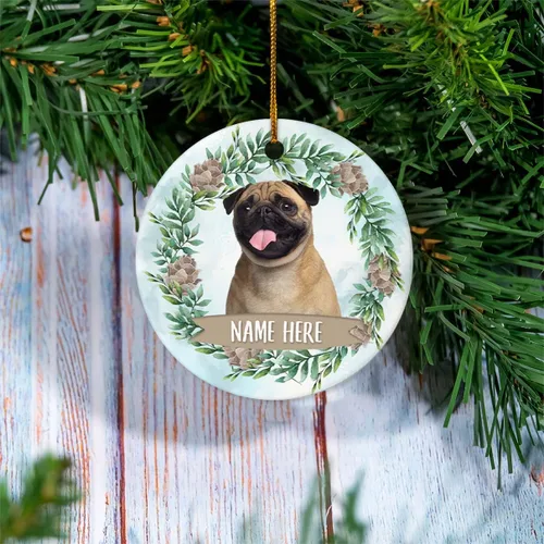 Vista 2 de Personalized Pug Sitting Fawn Christmas Ornament - Custom Name Circle Ceramic Keepsake Gift for Dog Lovers