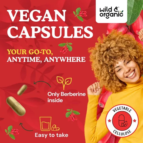 Vista 4 de Wild & Organic Berberine Cápsulas 1000 mg - Soporte antioxidante - 90 unidades Pure Berberine HCL Powder - Suplemento de corteza Berberis Aristata