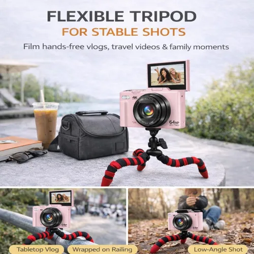 Vista 4 de Cámara digital 4K 64MP Vlogger Essentials Kit con trípode flexible, funda de transporte, lente gran angular, pantalla abatible de 180°, WiFi, zoom