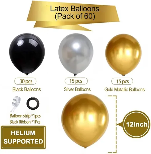 Vista 4 de Juego de 60 globos de color negro dorado y plateado, 60 globos metálicos cromados dorados y plateados de 12 pulgadas para cumpleaños, boda