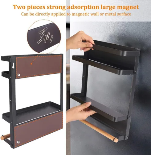 Vista 4 de Organizador de estante para refrigerador, soporte magnético para toallas de papel, para cocina, refrigerador, especias, almacenamiento (negro)