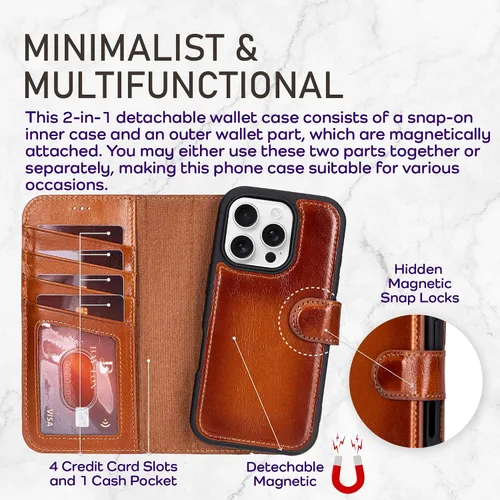 Vista 20 de Bayelon Funda tipo cartera para iPhone 15 Pro, cartera de cuero de grano completo, funda magnética desmontable, tarjetero, funda tipo cartera