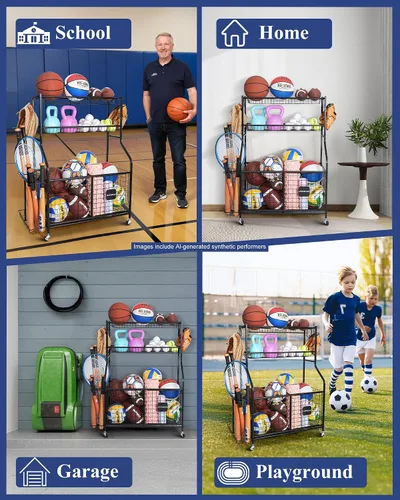 Vista 6 de Organizador de almacenamiento de equipos deportivos con ruedas rodantes, carrito de almacenamiento de pelota de garaje para baloncesto, fútbol