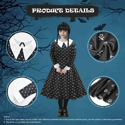 Vista 4 de SEDEX Wednesday Addams - Disfraz familiar para niñas, vestido negro de Halloween, traje de cosplay para niños, adolescentes, disfraz con accesorios