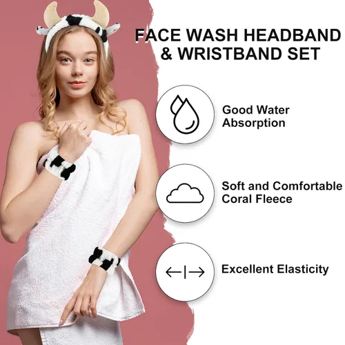 Vista 3 de CAVETEE Juego de 3 diademas y pulseras, en forma de cuerno de vaca negro y blanco, diadema y pulsera elástica cosmética para spa, maquillaje