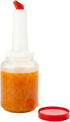 Vista 6 de Restaurantware Bar Juice Pour Bottle - 1 paquete - Bar Lux - Botella de plástico de 2 cuartos de galón con boquilla y tapa cónica roja, codificada