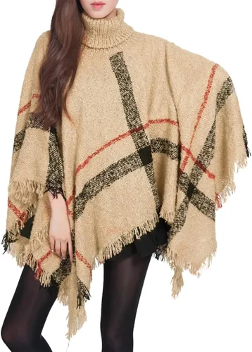 Vista 2 de Dahlia Poncho de punto para mujer, capa gruesa de cuello alto a cuadros
