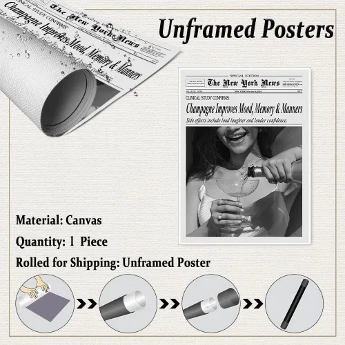 Vista 2 de Póster de periódico Champagne and Headlines, impresión retro para decoración de carrito de bar, dormitorio universitario feminista, arte de pared