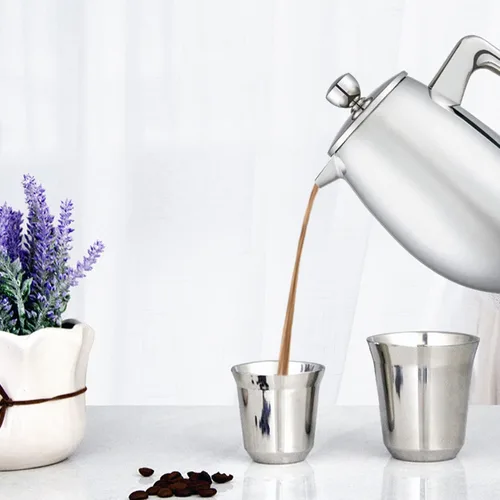 Vista 2 de Cafetera de prensa francesa, acero inoxidable de grado 304 con cuchara, tetera de prensa francesa aislada de doble pared para el hogar, 27.1 fl oz