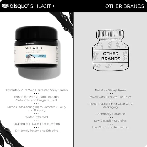 Vista 5 de Blisque - Suplemento de resina Shilajit orgánica pura del Himalaya para apoyo cognitivo con bacopa orgánica y gotu kola Auténtico y natural