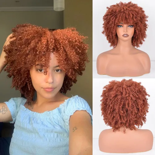 Vista 49 de Vitorish Peluca corta afro rizada con flequillo para mujeres negras, peluca sintética resistente al calor, color negro natural, para uso diario