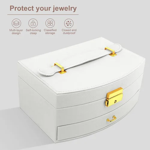 Vista 3 de XKY Organizador de joyas cajas de joyería de 2 capas para mujer caja de joyería de viaje de piel sintética para aretes anillos pulseras collares