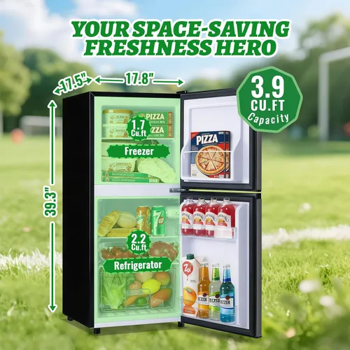 Vista 6 de DEMULELR - Refrigerador pequeño de 3.9 pies cúbicos con congelador, refrigerador de dos puertas con cajón para verduras y espacio extra