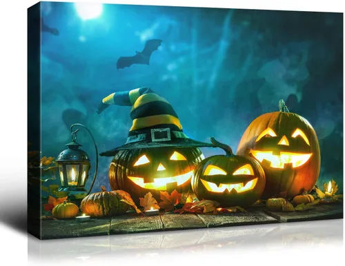 Vista 10 de Denozer - Decoración de pared de calabaza de Halloween, pósteres de regalo, decoración del hogar, arte de pared, imágenes en lienzo HD, estiradas