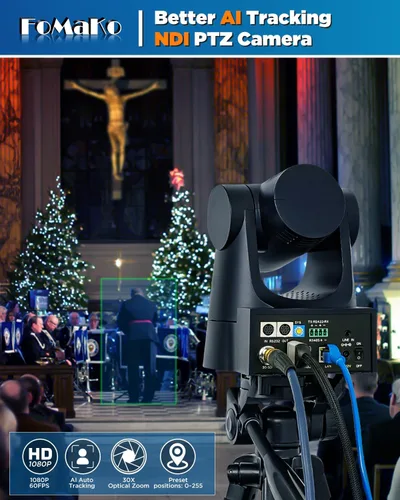 Vista 3 de Cámara FoMaKo NDI PTZ, 30X Zoom Óptico, Seguimiento Automático AI Gen 3, Cámara HDMI PTZ para Servicios de Adoración en Vivo, Educación y Eventos