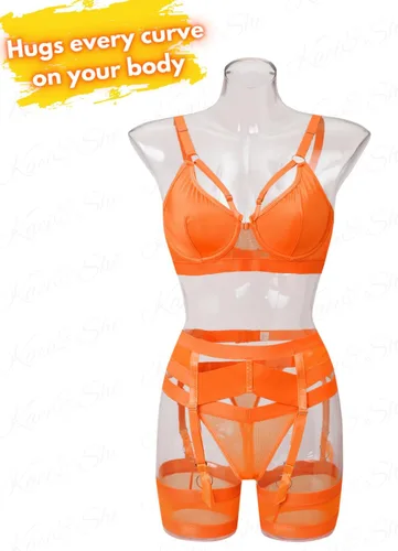Vista 7 de Kaei&Shi - Lencería con liguero para mujer, conjunto de encaje traslúcido y sexy de 4 piezas combinadas