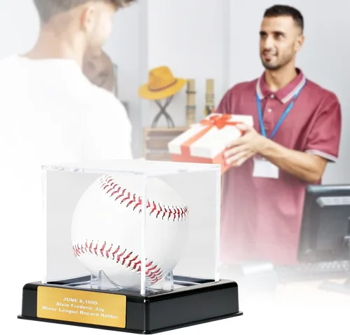 Vista 6 de Vitrina de béisbol con grabado, caja de almacenamiento de acrílico con protección UV, soporte negro, regalo perfecto para el día de San Valentín