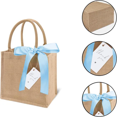 Vista 5 de Paquete de 6 bolsas de arpillera con asas reutilizables, mini bolsas de regalo de yute con cintas de seda azules, forro impermeable para bodas