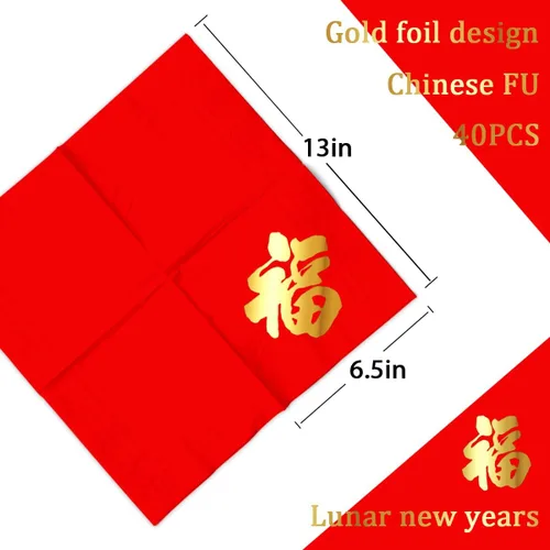 Vista 4 de Decoraciones de Año Nuevo chino-Chino Fu Carácter Oro Foil Servilletas Festival de Primavera Servilletas de papel rojo para suministros de fiesta