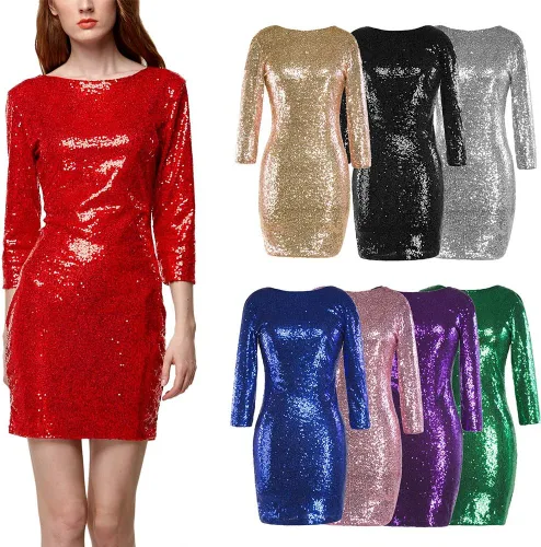 Vista 6 de Vestido de fiesta para mujer, manga 34, cuello en V, lentejuelas, brillante, glamuroso, vestido de fiesta, cóctel, con purpurina, entallado, boda