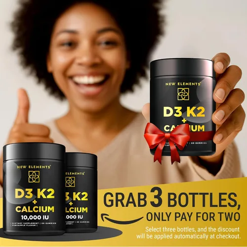 Vista 9 de New Elements Gomitas de vitamina D3 K2 de 10000 UI con calcio 100 mg - VIT D3 para adultos - Vitamina K2 Mk7 100mcg - Suplemento de vitamina D