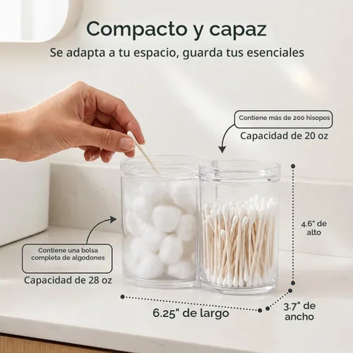 Vista 3 de ForPro - Tarro de boticario de acrílico transparente con 2 compartimentos con tapa, soporte inastillable y organizador de bolas de algodón