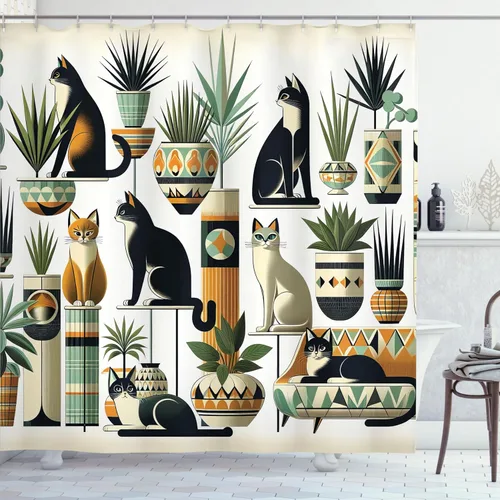Vista 3 de Ambesonne Cortina de ducha de gato, diseño bohemio de estilo étnico con poses de gatitos sentados y acostados, juego de decoración de baño de tela