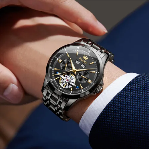 Vista 6 de OLEVS Relojes automáticos para hombre, de lujo, esqueleto multifuncional, reloj mecánico de cuerda automática, fecha, impermeable, luminoso, reloj