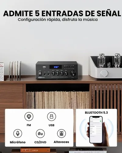 Vista 3 de Moukey Amplificador de audio para el hogar, receptores estéreo de 2.0 canales con Bluetooth 5.3, control remoto de funciones completas, FM, RCA