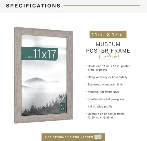Vista 5 de MCS Marco para póster con estilo de museo, 11 x 17 pulgadas, madera de granero, vertical y horizontal, para colgar en la pared, marco grande