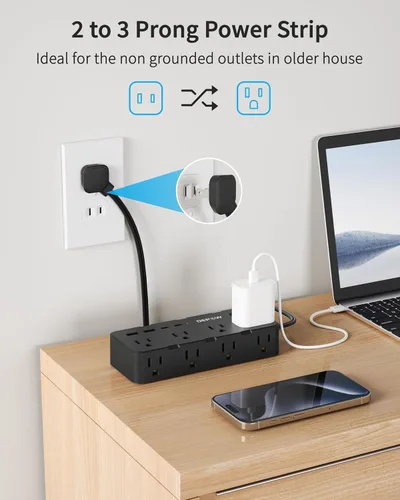 Vista 2 de DEPOW Regleta de alimentación negra de 2 puntas, adaptador de salida de 2 a 3 clavijas con 8 puertos de CA y 4 puertos USB (2 USB C), cable