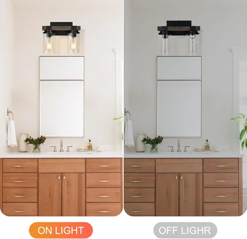Vista 6 de Lámpara de Baño Estilo Granja de Madera Negra, Iluminación de Tocador de 2 Luces, Aplique de Pared de Madera, Accesorio de Pared Industrial Rústico