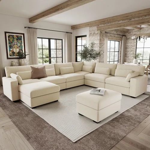 Vista 17 de Sofá modular de 146.5 pulgadas, sofás extra profundos en forma de U para sala de estar, sofá de felpilla de 4 asientos con patas de madera, otomana