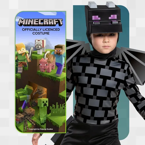 Vista 2 de Disfraz clásico de dragón Ender de Minecraft para niños, Multicolor