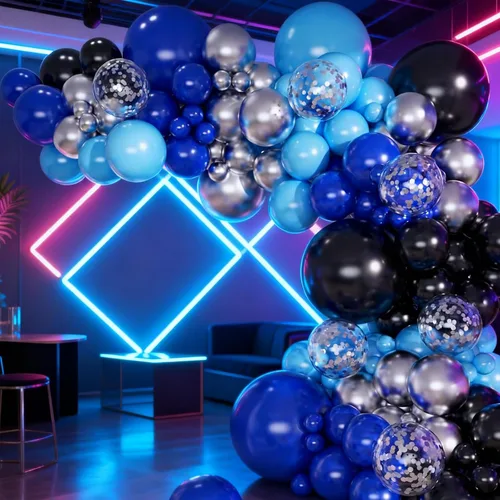 Vista 5 de Kit de arco de globos, 146 globos negros, azules, plateados, blancos, de 18, 12, 10, 5 pulgadas, globos de diferentes tamaños para cumpleaños