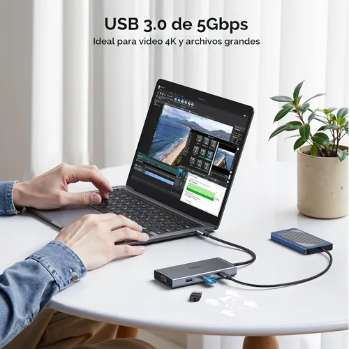 Vista 7 de Estación de acoplamiento para laptop 4 monitores, estación de acoplamiento 9 en 1 monitor dual para Dell HP, estación de acoplamiento USB C 3