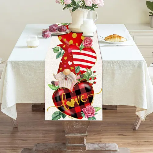 Vista 5 de Camino de mesa para el día de San Valentín de 36 pulgadas con corazón rojo y temática de San Valentín, gnomo para cocina, mesa de comedor