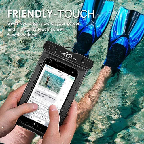 Vista 4 de Carcasa impermeable con accesorios para celular, universal, resistente al agua, con brazalete y correa para el cuello, hasta 6 pulgadas, de MoKo