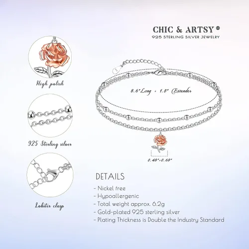 Vista 69 de CHIC & ARTSY Tobilleras delicadas de plata de ley S925 para verano, pulsera de tobillo ajustable multicapa para playa, joyería de pie para mujer