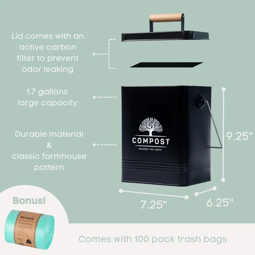 Vista 2 de PERFNIQUE Contenedor de compost de cocina, contenedor de compostaje para encimera de 1.7 galones con tapa, contenedor de compost interior incluye 2