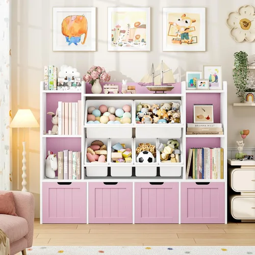 Vista 4 de FINETONES Organizador de almacenamiento de juguetes de 55.1 pulgadas con 6 cubos de juguetes, organizador grande de juguetes, estantería para niños