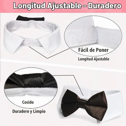 Vista 3 de Pajarita para perro, collar de perro esmoquin de Koolmox para bodas con collar blanco ajustable hecho a mano y corbata negra, corbata clásica