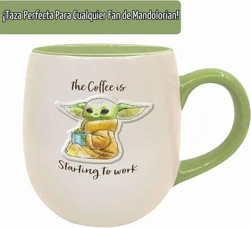 Vista 2 de ICUP Star Wars Mandalorian Grogu Starting To Work The Coffee Is Embossed Taza de cerámica de 14 onzas