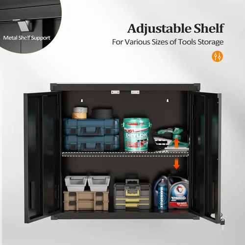Vista 4 de VINGLI Armario de Pared para Garaje con Puertas con Cerradura y Estante Ajustable, Gabinete de Pared de Metal, Gabinete de Almacenamiento Superior